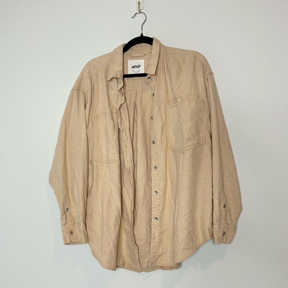 Aerie Button Up Shirt Jacket Oversized Neutral